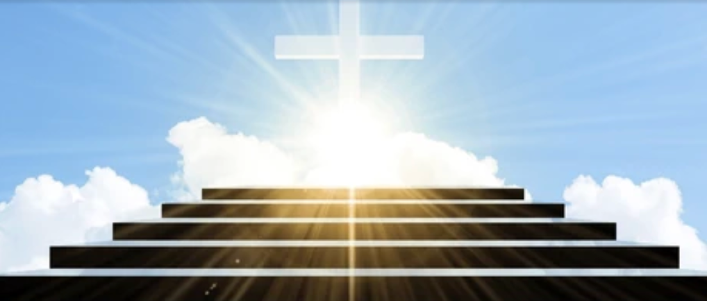 Stone staircase leading up to a glowing cross representing the First Steps program